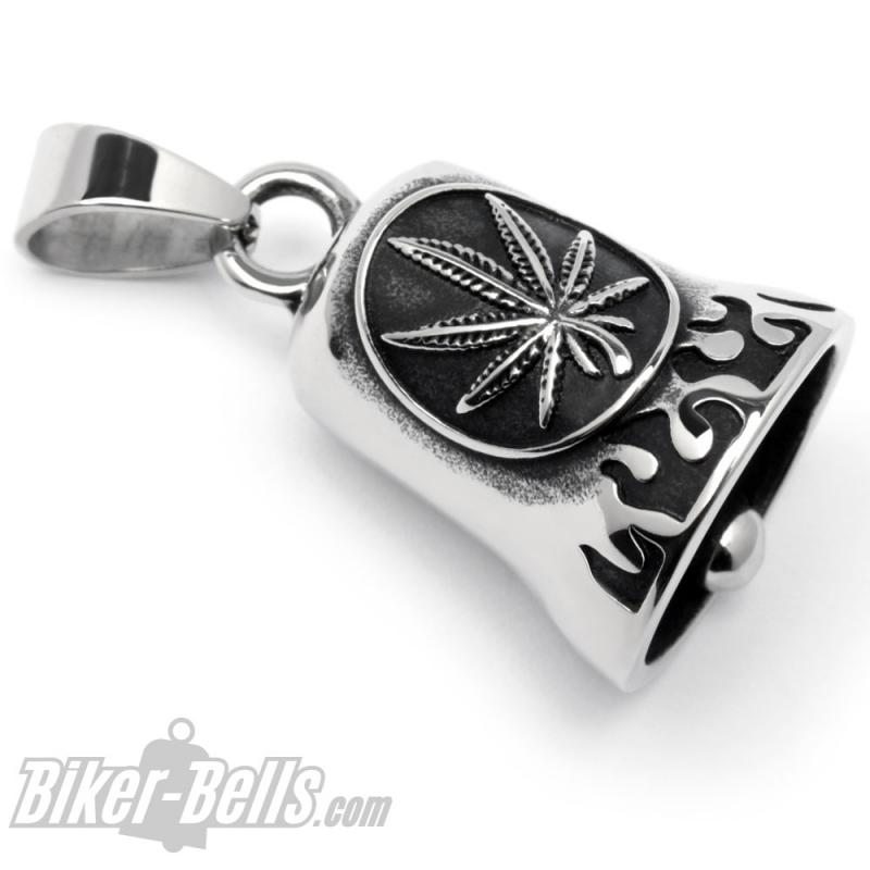 Hanfblatt Biker-Bell aus Edelstahl mit Flammen Weed Leaf Ride Bell Glücksbringer Hanfblatt Biker-Bell aus Edelstahl mit Flammen Weed Leaf Ride Bell Glücksbringer